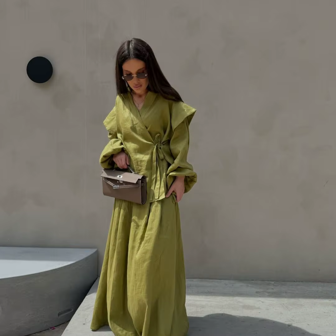 Ensemble jupe crayon et chemisier pour femme, printemps/automne, design de créateur, à nouer devant,