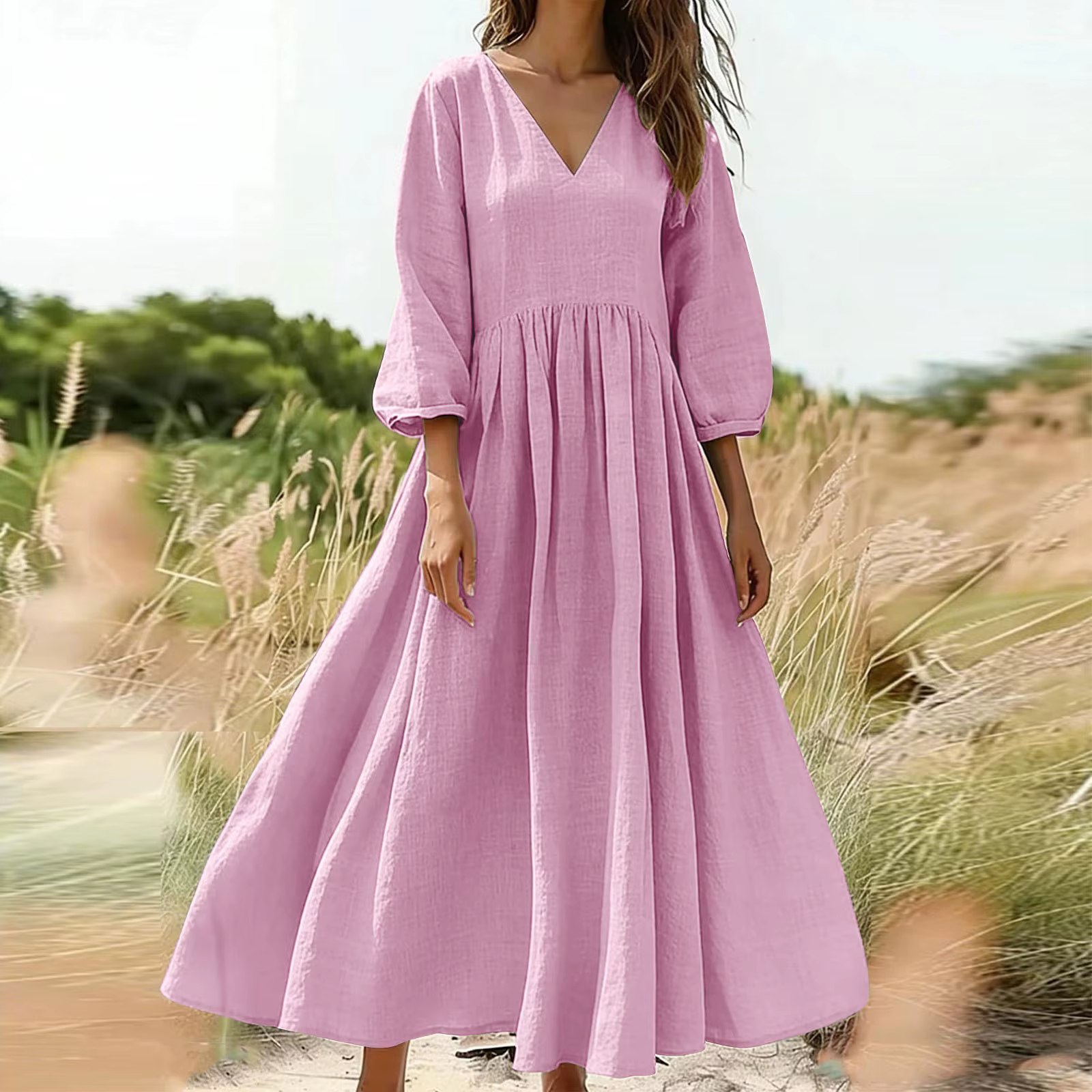 Robe longue bohème en coton et lin avec poches, col en V, jupe plissée, style décontracté, confortab