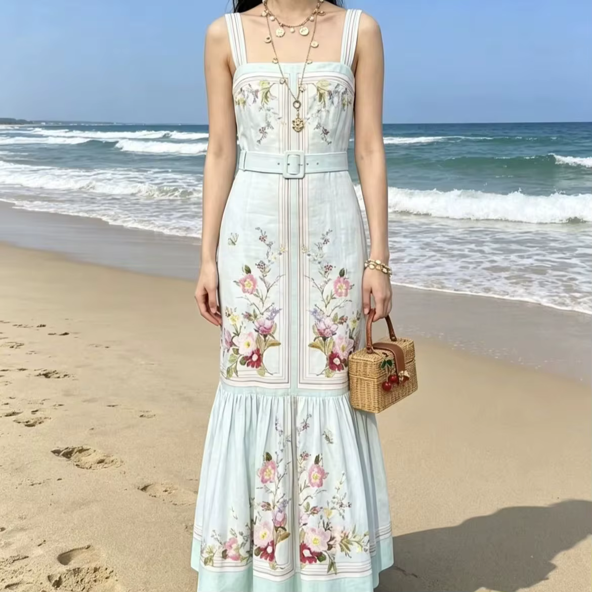 Robe sans manches à imprimé floral vert pour femmes, taille haute, mode décontractée, robe de plage