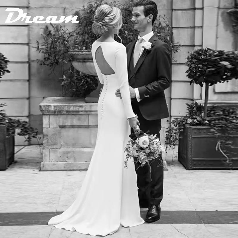 DREAM-Robe de Mariée en Crêpe Personnalisée, Fourreau Simple, Manches sulf, Patients Élégants, Dos O