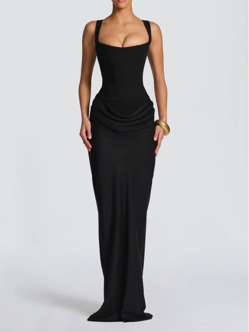 Nouvelle robe longue de style français avec coupe slim et bretelles en satin plissé, date élégante e