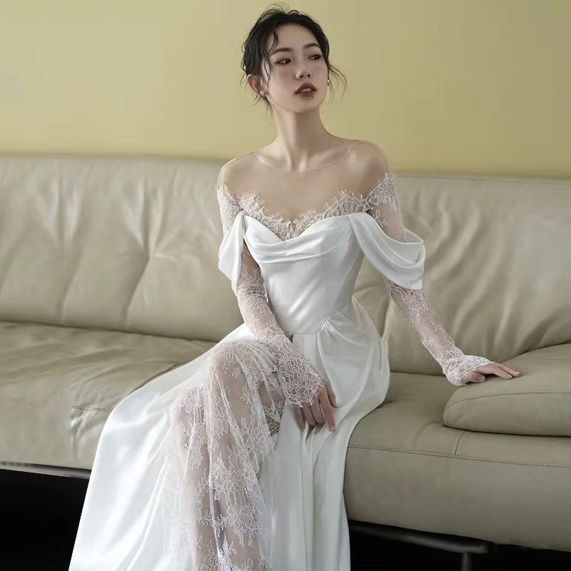Robe de Mariée Élégante en Satin Blanc Français, à Manches sulf, Vintage, en Dentelle, Simple, pour