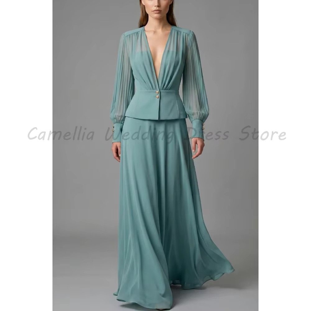 Robe de soirée formelle à col en V, haut plissé à manches longues en mousseline, pantalon long taill
