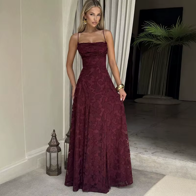 Robe longue à col licou pour femme, décoration florale, couleur unie, dos nu, taille cintrée, Maxi,