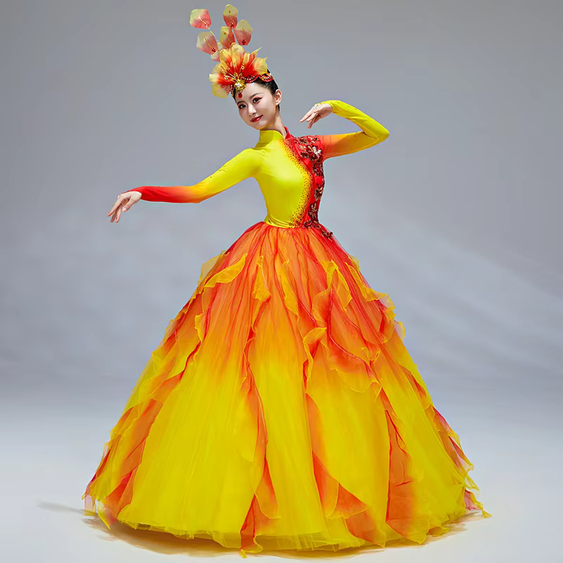 Robe à fleurs rouge jaune pour femmes, jupe à pétales à manches longues, dégradé, vêtements de danse
