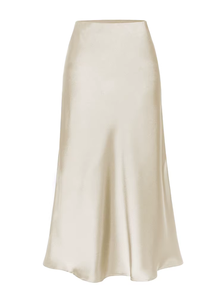 Jupe mi-longue en satin vert pour femmes, taille haute élastique, ligne A, fente latérale, été 2024,