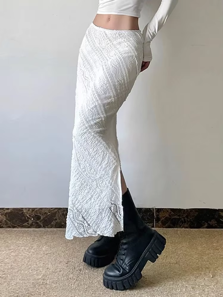 Élégant blanc dentelle jupe longue femmes Vintage mince Sexy fente Streetwear jupes été rétro taille