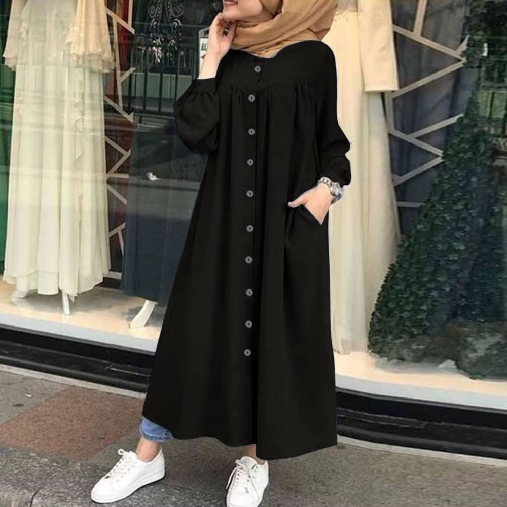 Robe longue en coton à manches longues et col rond pour femmes, robes Maxi élégantes, bouton rétro, 