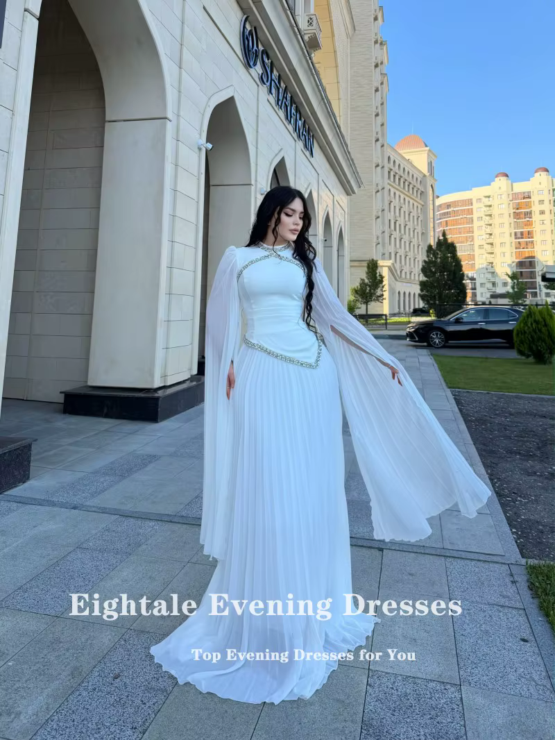 Robes de soirée jaunes beiges Eightale pour mariage, plissées, en mousseline de soie, perlées, manch