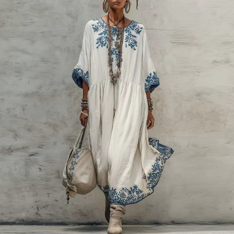 Robe longue fluide bohème élégante à imprimé floral pour femme, col rond, coupe ample, maxi, décontr