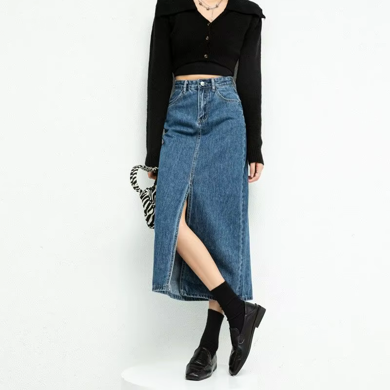 Jupe en jean fendue pour femme, taille haute, coupe ample trapèze, délavée, unie, style vintage coré