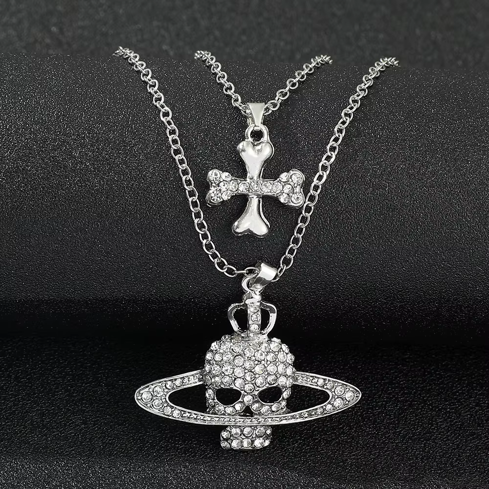 Pendentif crâne en strass, longue chaîne croisée, collier Vintage Punk Goth Style pour femmes et hom