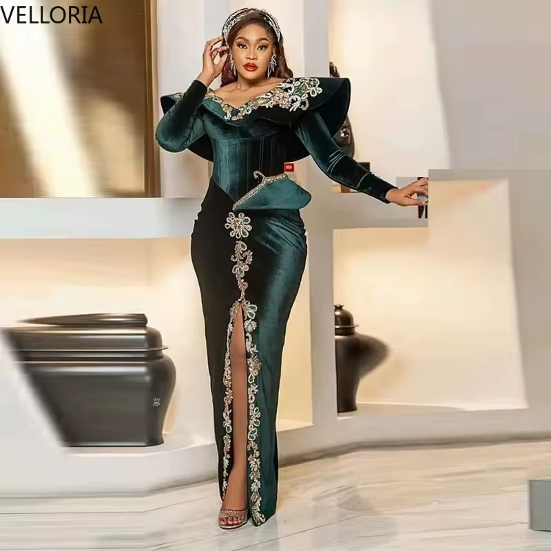 Robe De soirée verte élégante pour femmes africaines, fente avant en dentelle, perles, manches longu