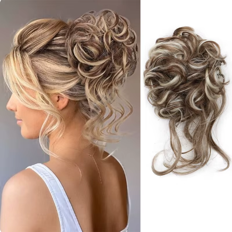 Chignon synthétique élégant bouclé en caoutchouc élastique, moelleux, facile à coiffer, adapté à un