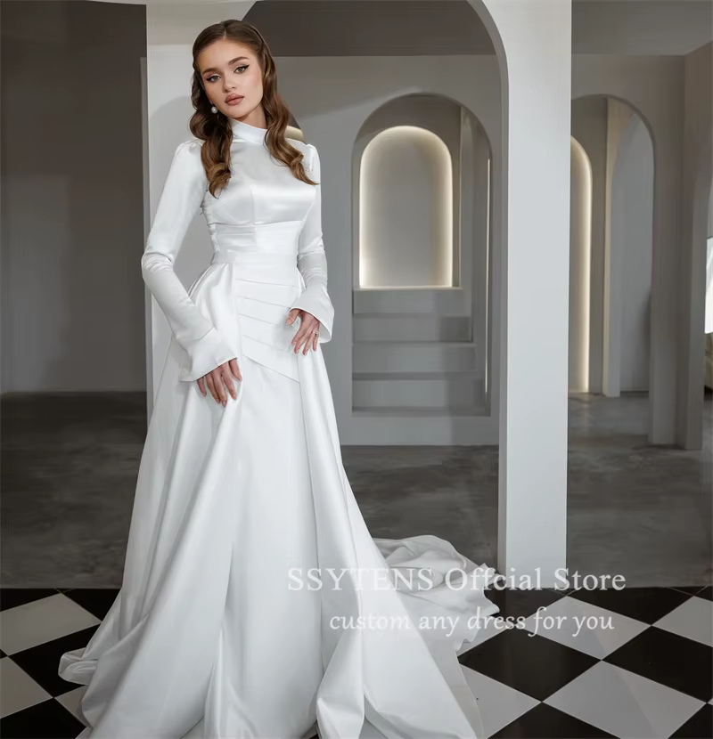 Robe de Mariée Sirène à Manches sulfet Col Haut, Vêtement Formel, Longueur au Sol, Musulman, Personn