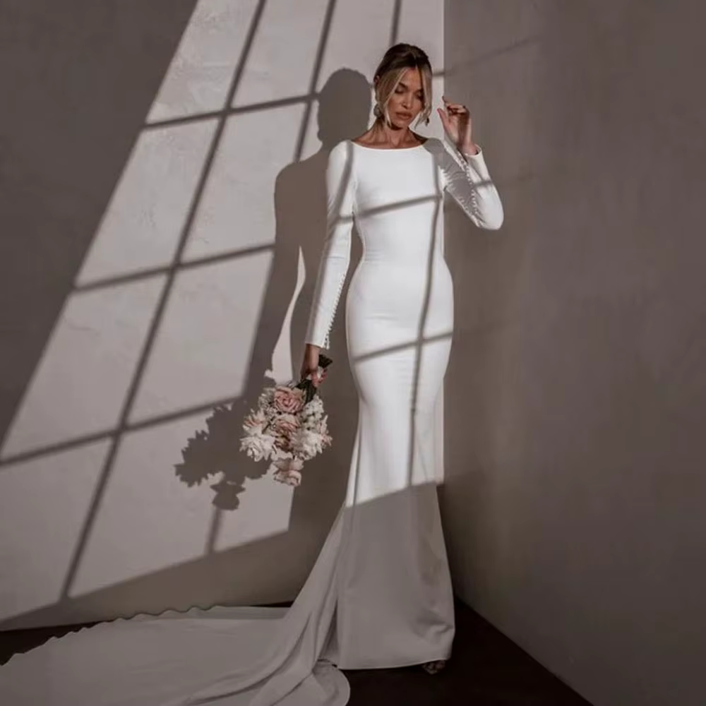 Robes de mariée élégantes à manches longues, de luxe, 2026, pour mariage civil, style sirène, dos nu