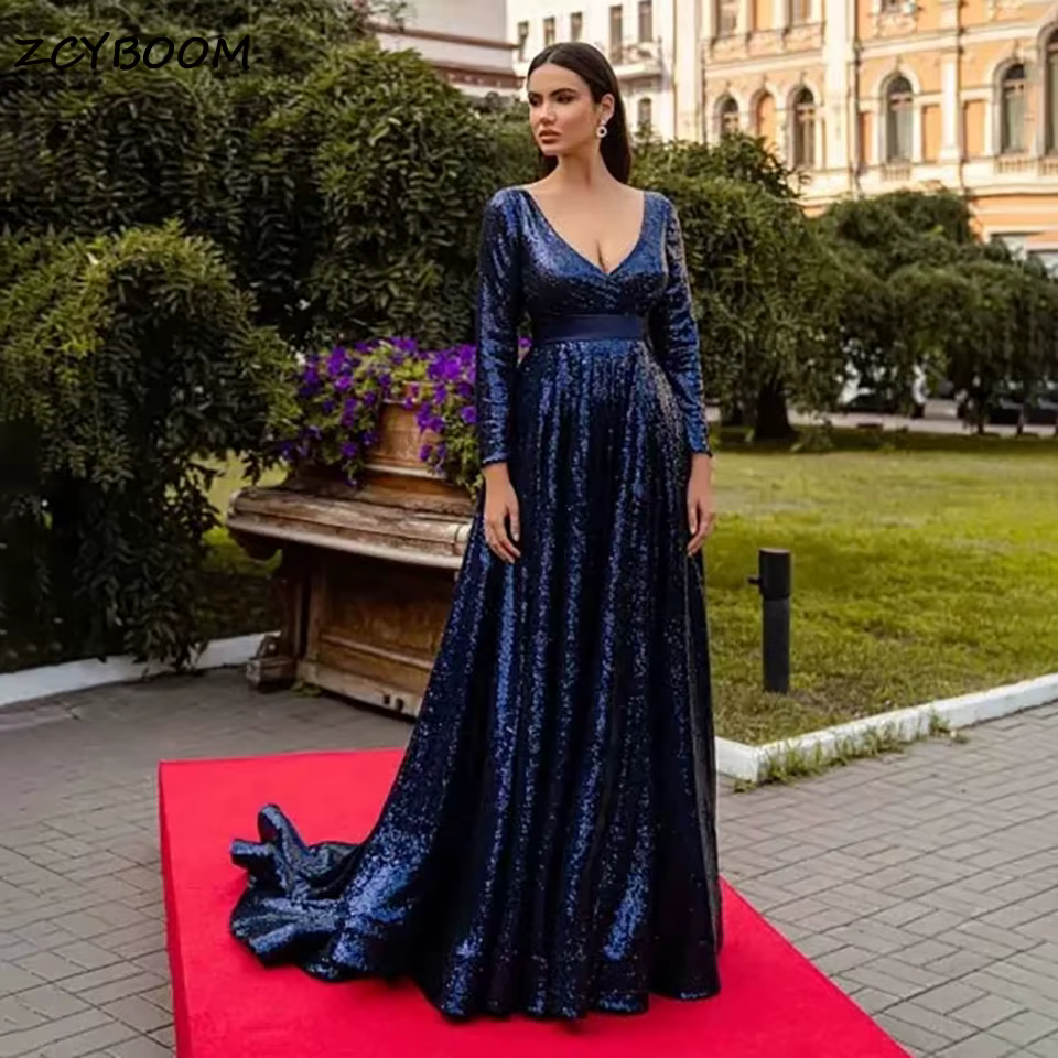 Robes de soirée élégantes bleu marine à manches longues et col en V profond 2026 – Robes de bal de p