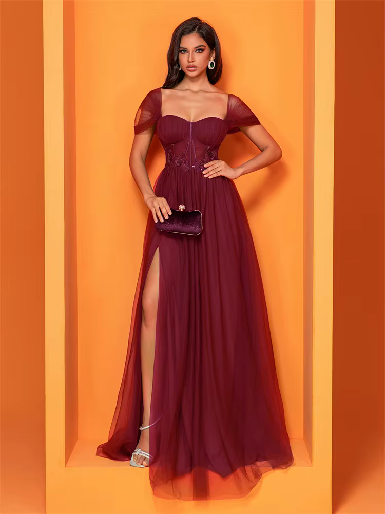 Robes de soirée élégantes Lucyinlove sans manches en tulle avec applications, col carré, fente, long