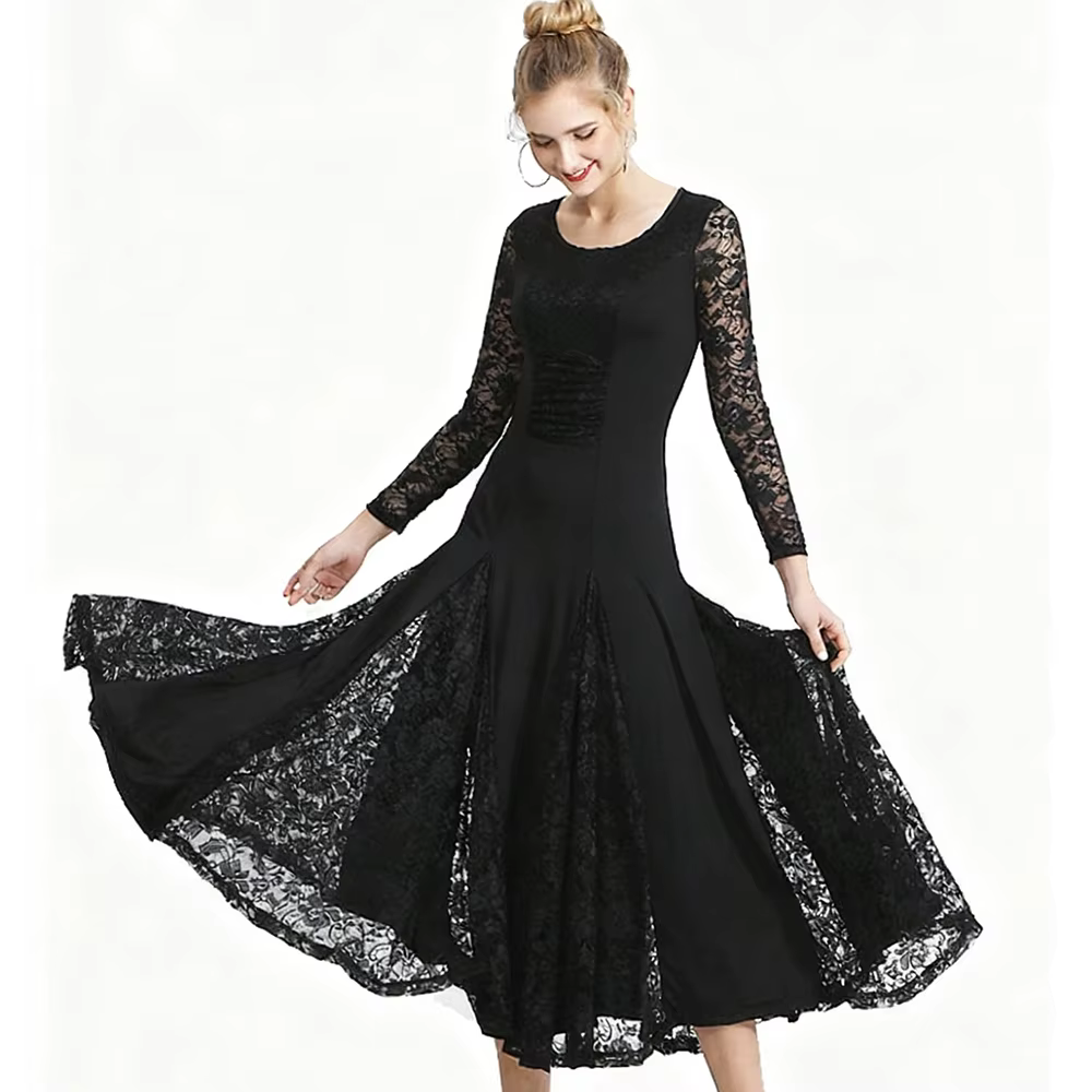 Robe de danse de salon élégante en dentelle - Robe longue moderne à volants pour la compétition de T