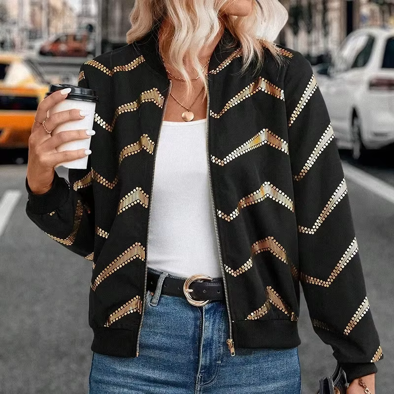 Blouson aviateur à manches longues et col rond pour femme, manteau imprimé vague, veste courte, vête