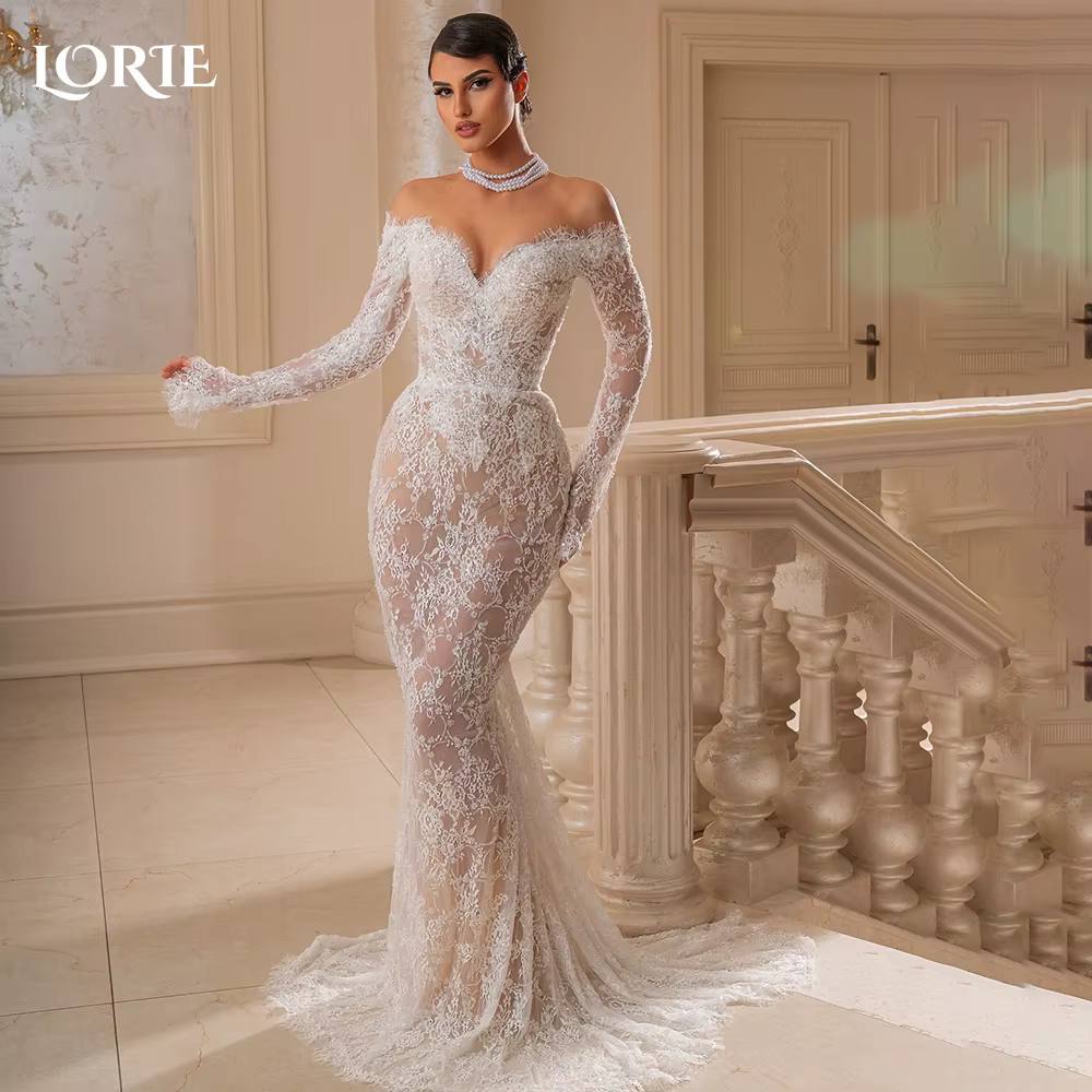 LORIE-Robe de Mariée Sirène en Dentelle à Manches sulf, Tenue Éducative Personnalisée