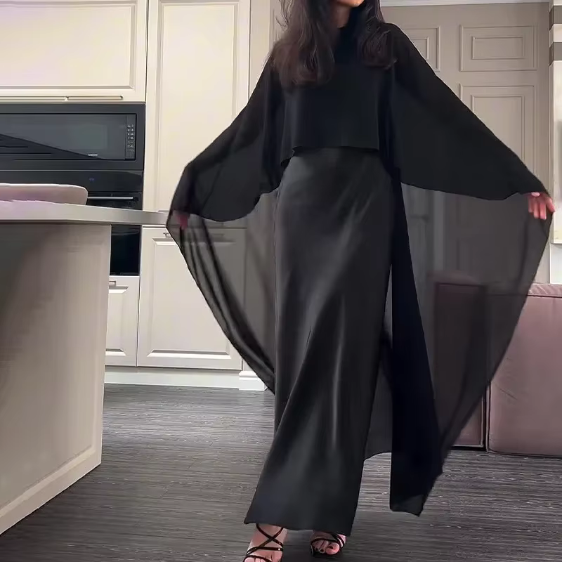 Robe Maxi en Satin pour femmes, grande taille, avec Cape en mousseline de soie, ample, élégante, san