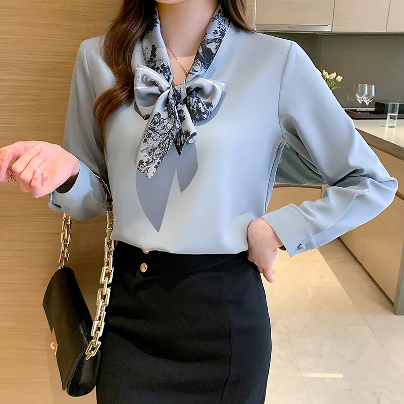 Chemise à manches longues avec nœud pour femme, haut tendance, nouvelle collection printemps et auto