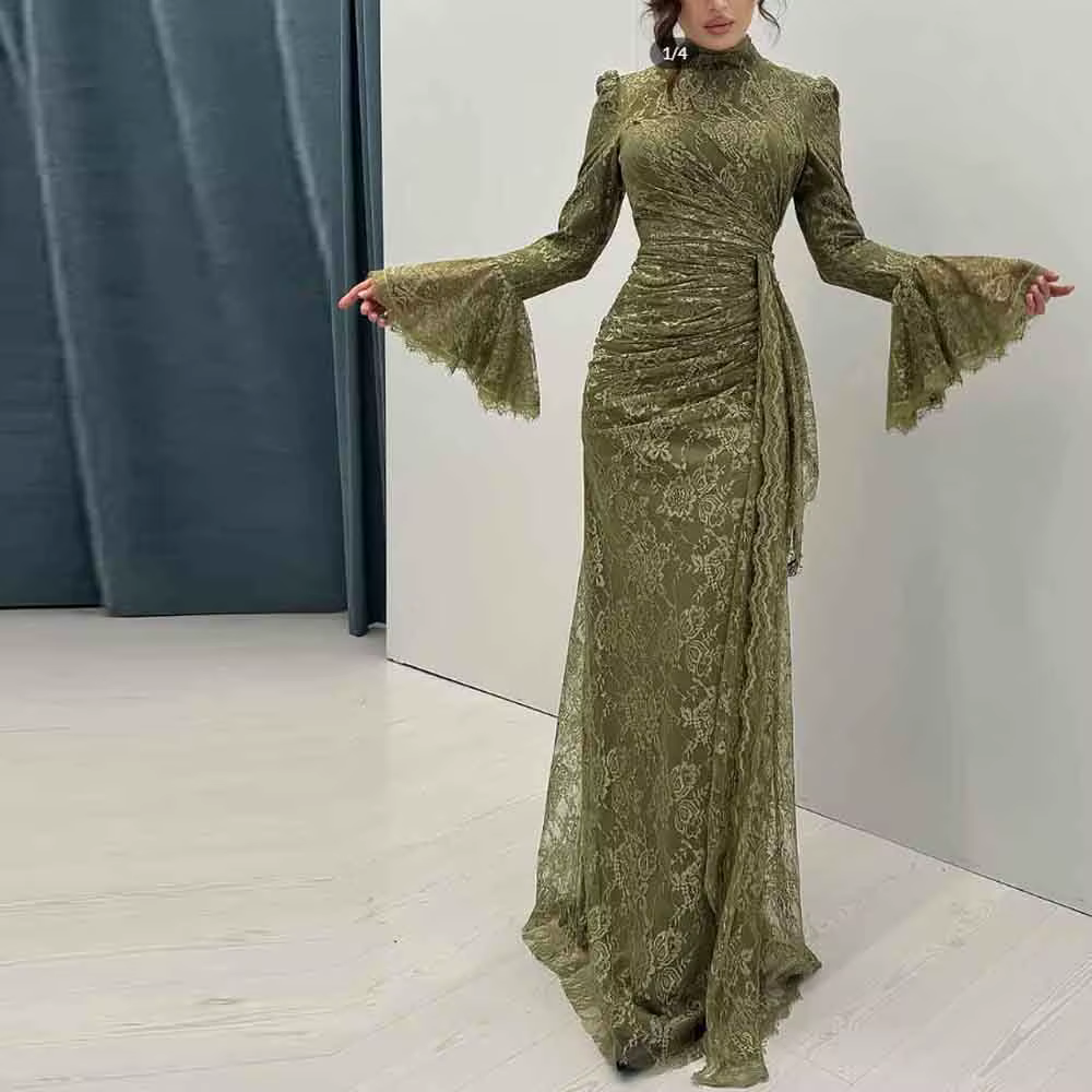 Robe d'invitées de mariage en dentelle vert Olive personnalisée, col haut, manches évasées, robe de 