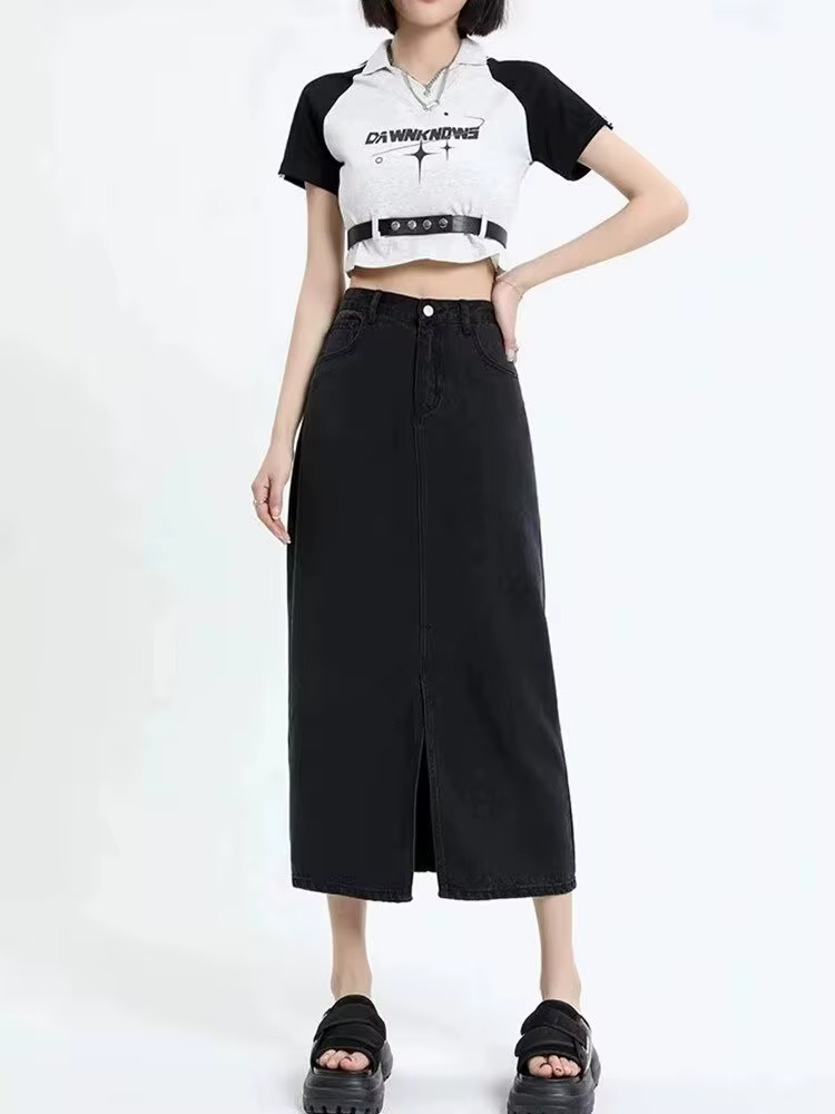 Jupe mi-longue en jean noir New Tang, taille haute, fendue, fine, pour femme, style frais et décontr
