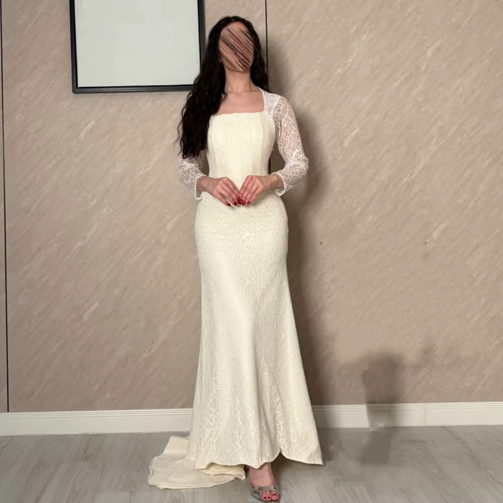 Robe de soirée de mariage personnalisée en dentelle, col carré, coupe trompette, longue, pour banque