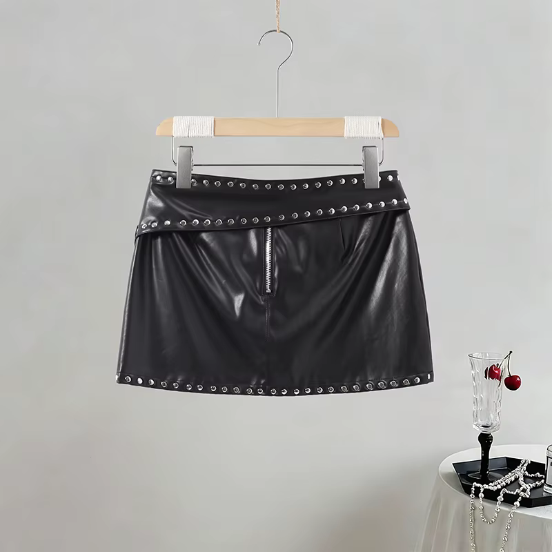 Ensemble 2 pièces pour femme, style urbain, en daim, coupe ajustée, avec veste à rivets à manches lo