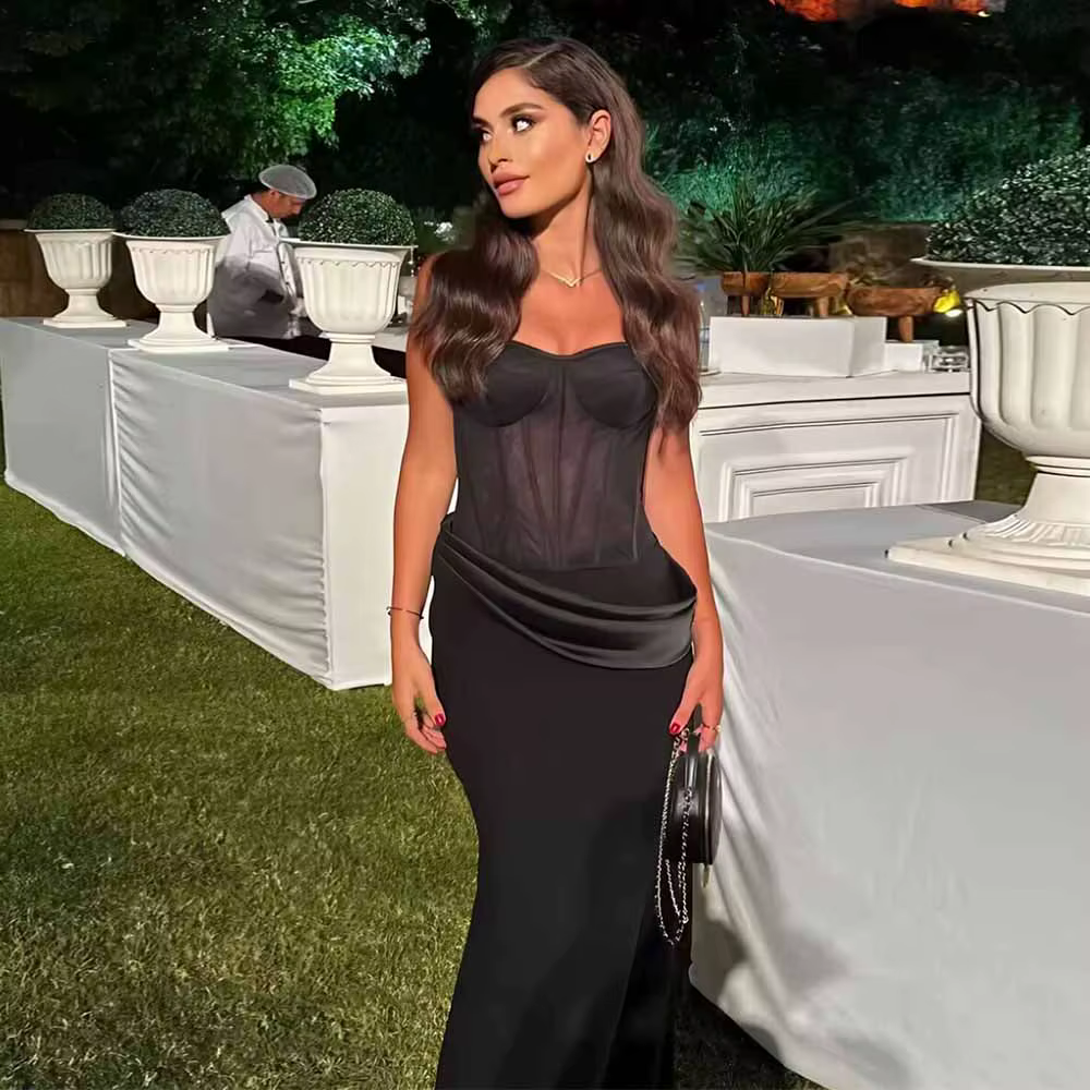 Robe de Soirée Chic en Organza, Sirène/Trompent, Tenue de Bal Longue, Drapée en Satin, Noire, 2025
