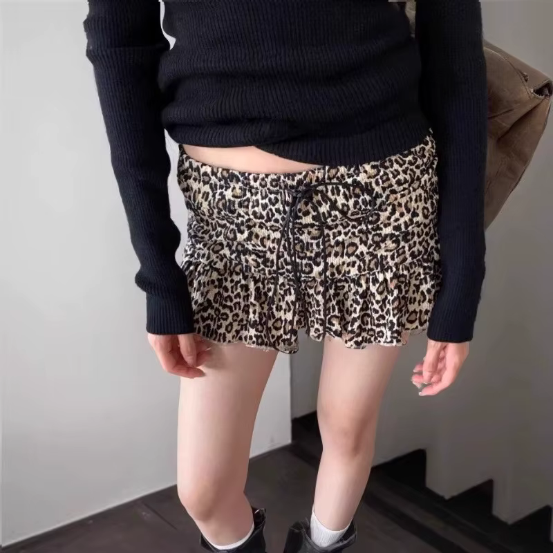 Mini jupe imprimée léopard, Style rétro américain, cordon de serrage à la taille, jupe trapèze pour