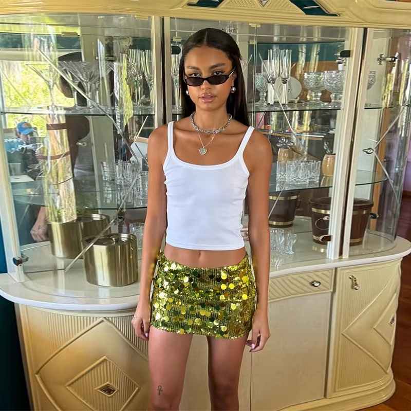 Mini-jupe sirène chic taille haute évasée à sequins irisés style Y2K pour femme, collection été 2026