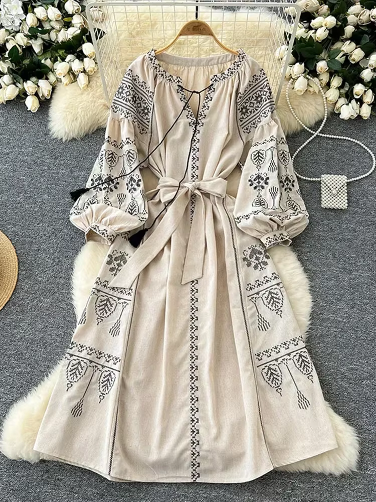 Robe longue style bohème rétro ethnique pour femme, nouvelle collection printemps-automne, brodée, à