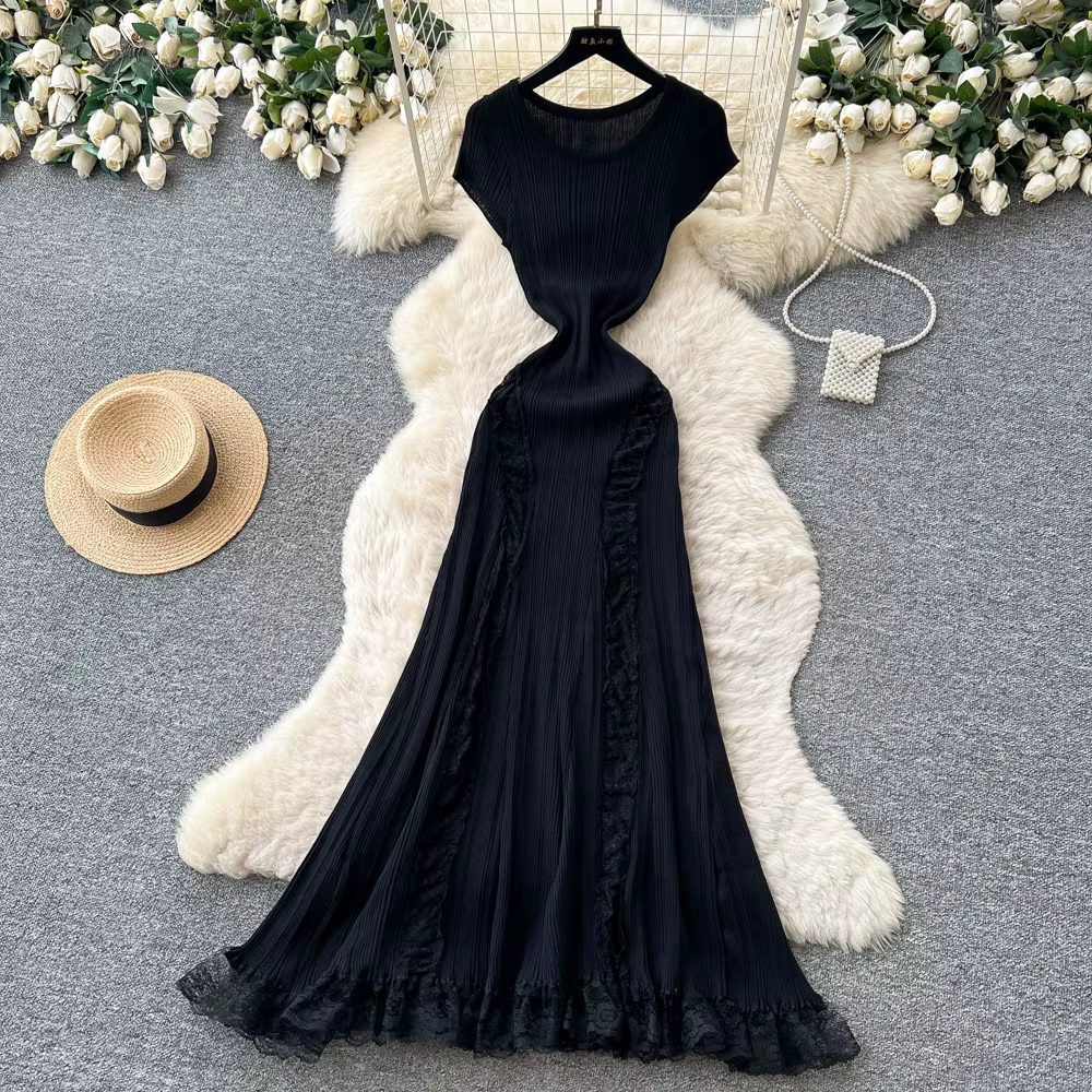 Robe longue femme en maille, coupe trapèze, style Y2K streetwear, col rond, manches courtes, élégant