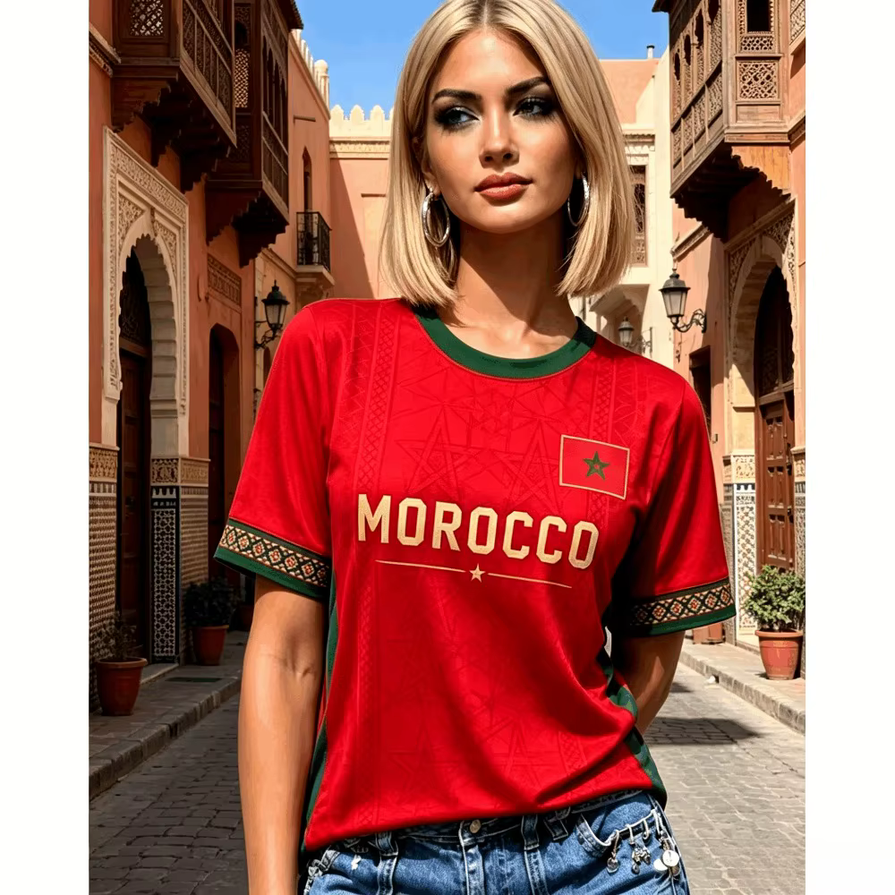 T-shirt d'été pour femme à manches courtes, motif drapeau du Maroc, style maillot de football, haut