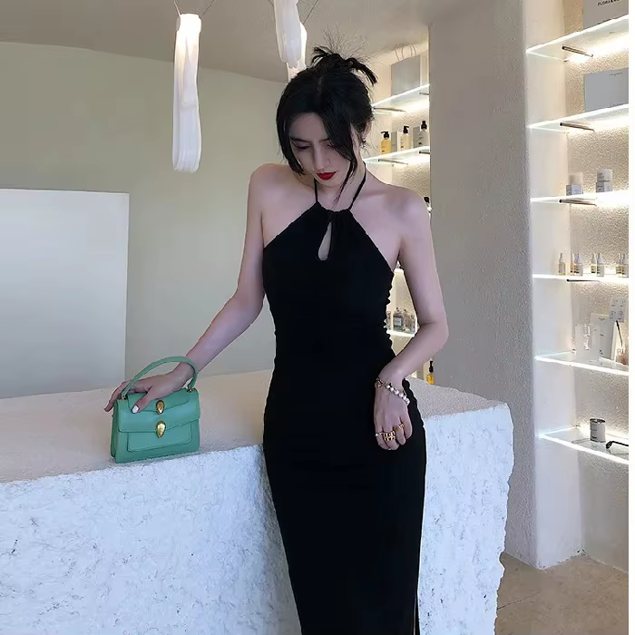 Robe longue noire sexy à épaules dénudées, col halter, taille cintrée, sur mesure, pour soirée, modè