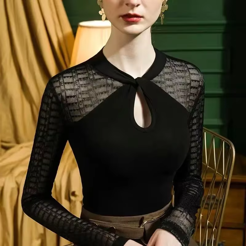 T-shirt à manches longues en polyester pour femmes, haut en maille, vêtements vintage, une pièce, pa