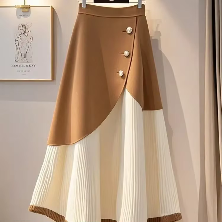 Jupe tricotée mi-longue pour femme, nouvelle mode, Y2k, taille haute, froncée, ligne a, ample, Patch