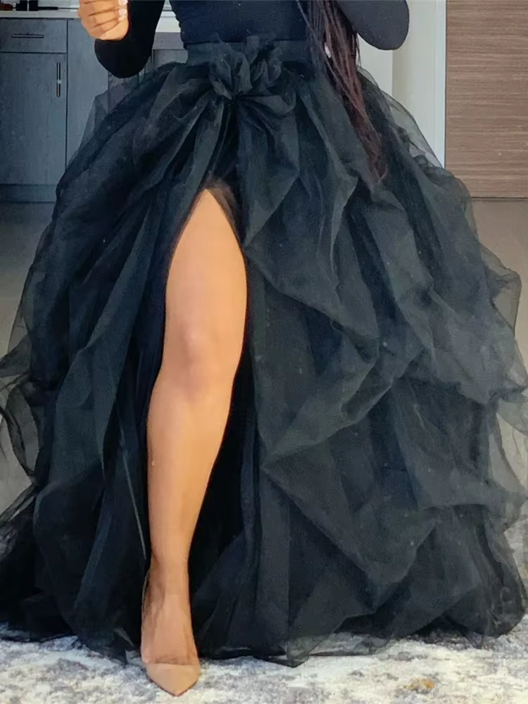 Jupe Tutu Superposée en Tulle pour Femme, Tenue de Soirée, de Mariage, Taille Haute, Longue Fendue,