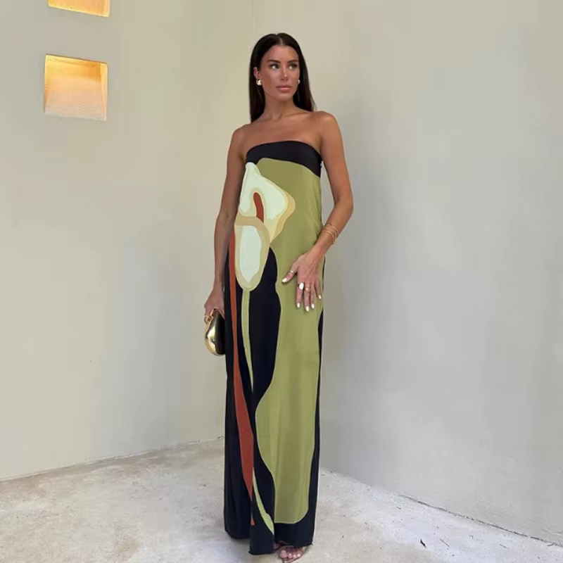 Robe longue imprimée, Sexy, sans bretelles, dos nu, mode femme, sans manches, épaules dénudées, Robe