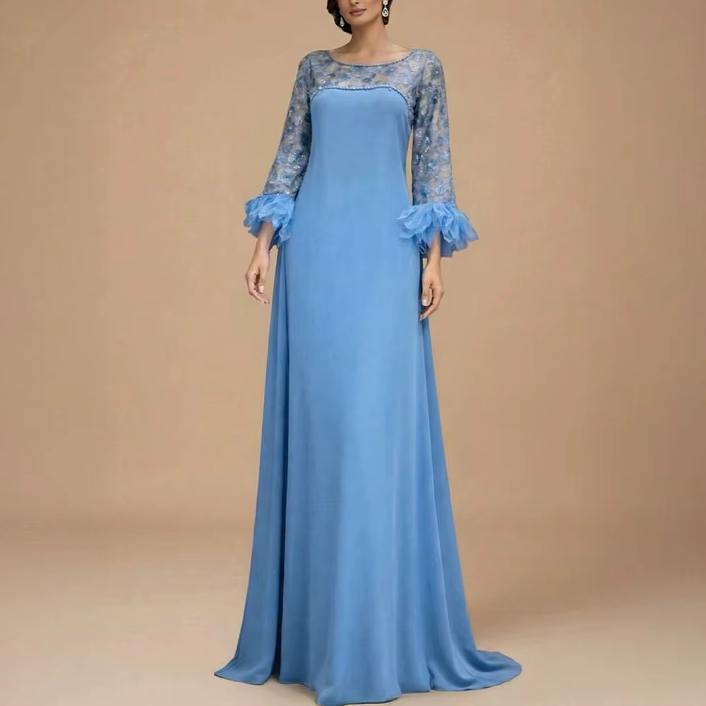 Robe de soirée élégante personnalisée à manches longues pour invitée de mariage, col rond, robe long