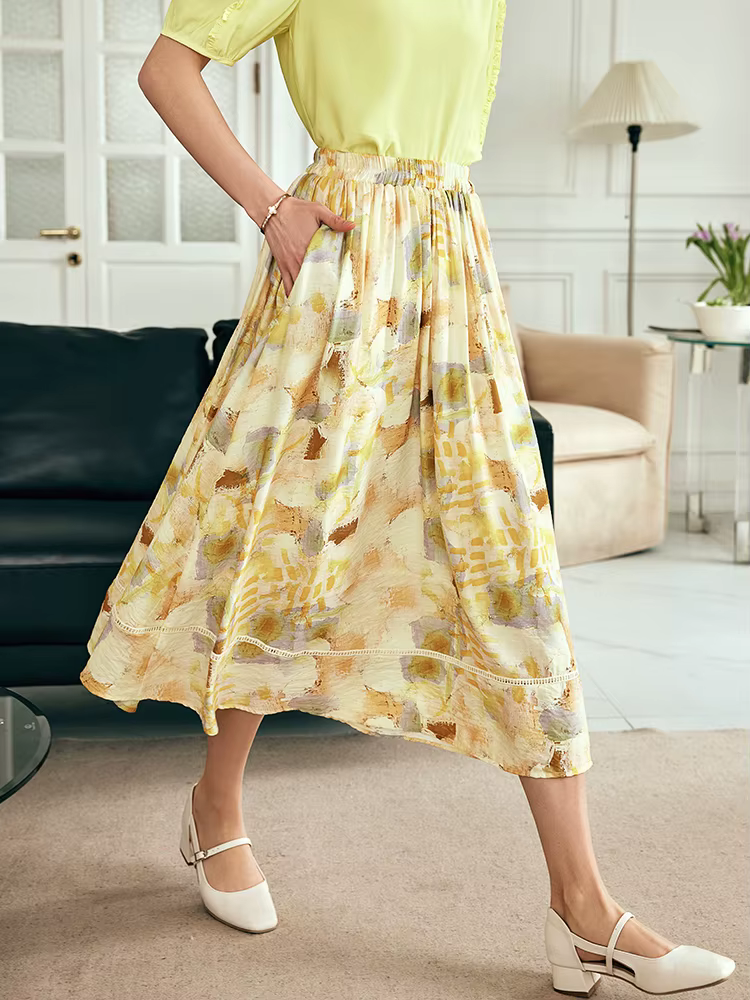 Jupe longue femme OLrain, style français, motif floral, été 2026, taille haute, avec empiècements aj