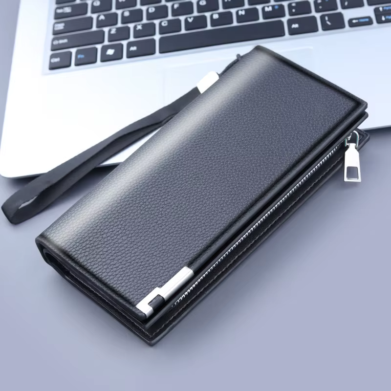 Pochette longue en matériau PU pour homme, fermeture éclair, moraillon, sac pour téléphone portable,