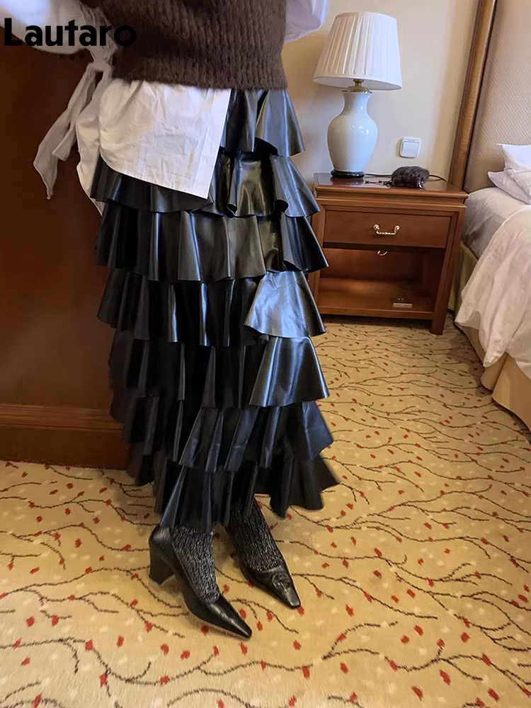 Lautaro-Jupe mi-longue en cuir PU noir pour femme, jupe à plusieurs niveaux avec élastique, taille h