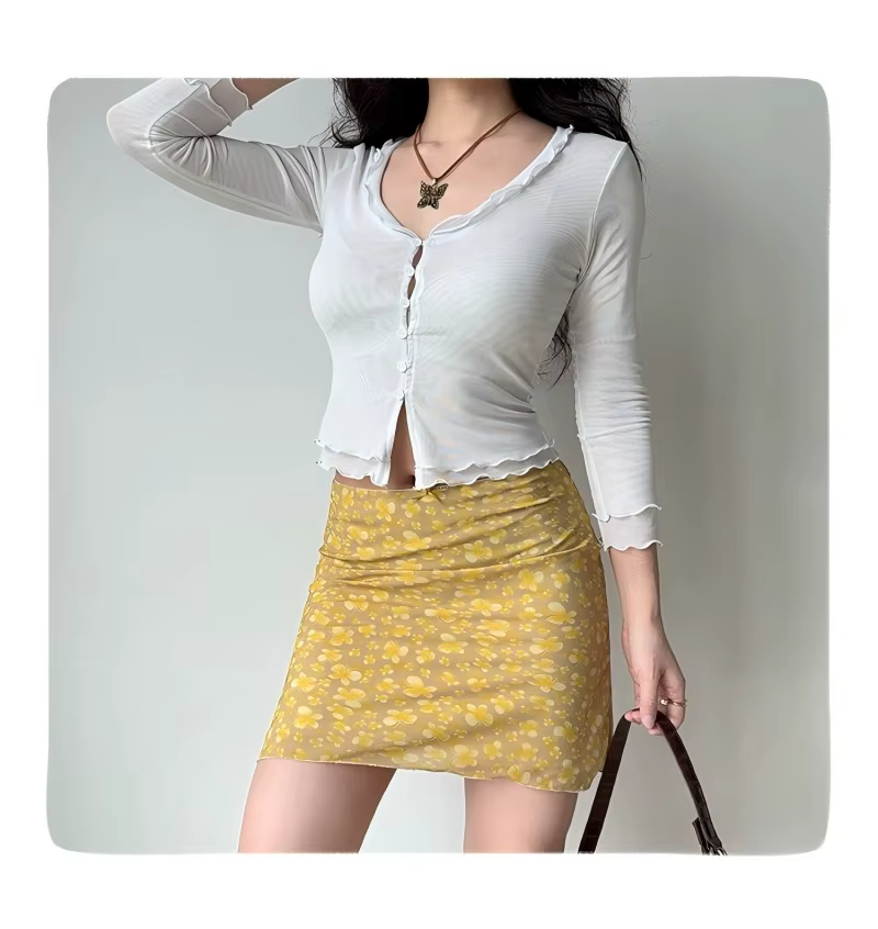 Jupe trapèze sexy rétro américaine jaune à imprimé papillon pour femme, collection été 2026