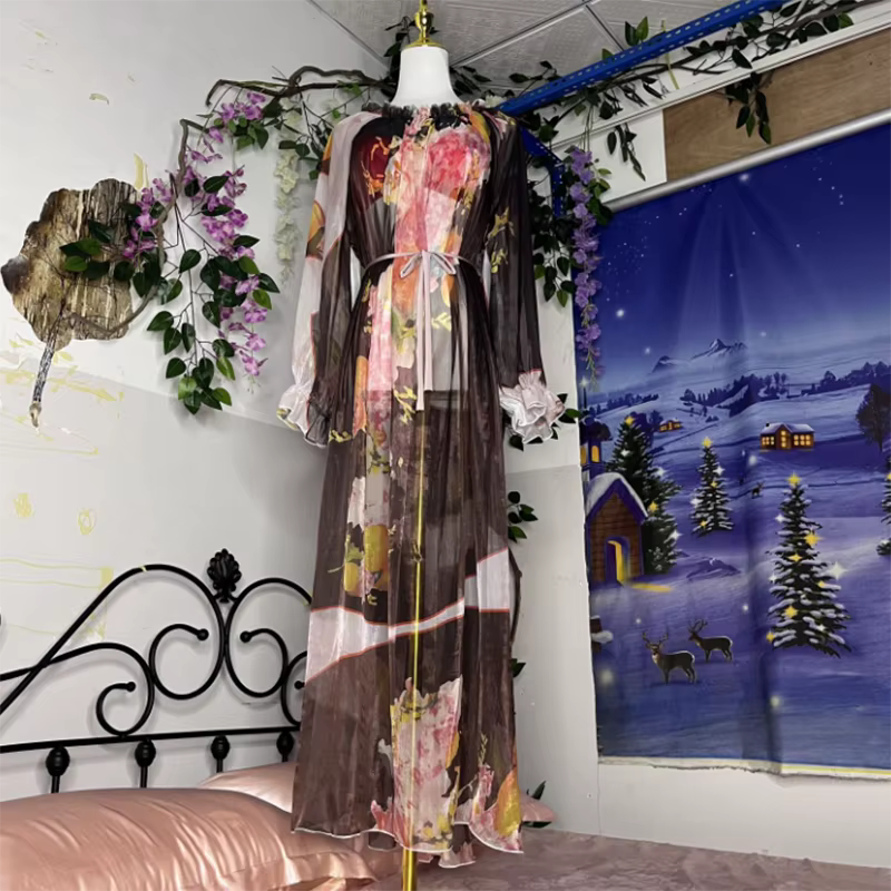 Robe longue transparente en soie brillante pour hommes et femmes, grande taille, Sexy, col à volants