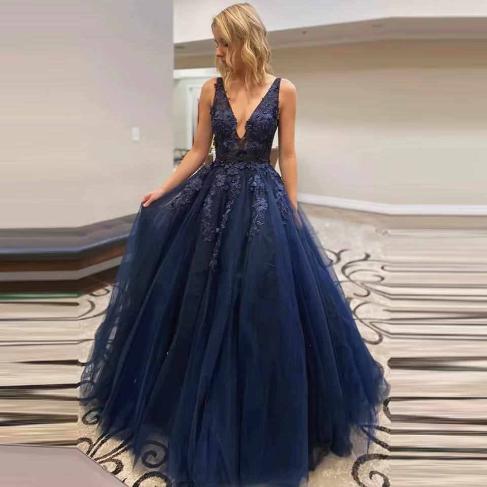 Robes de bal longues bleu marine 2026, Vestidos De Gala, coupe A, sexy, en tulle et dentelle, appliq