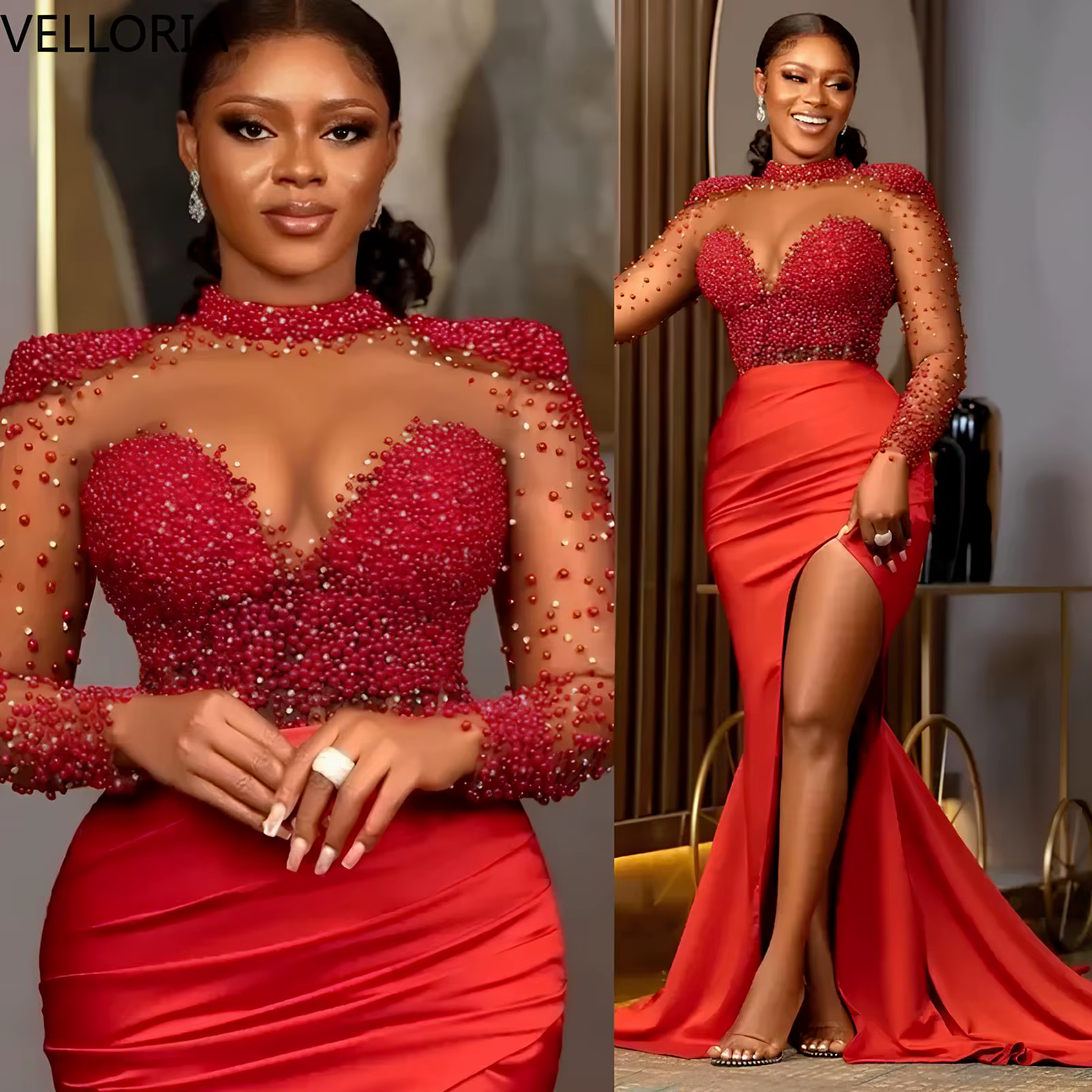 Robe de soirée en maille rouge strass, manches longues, Sexy, fente haute, perles, robe de bal forme